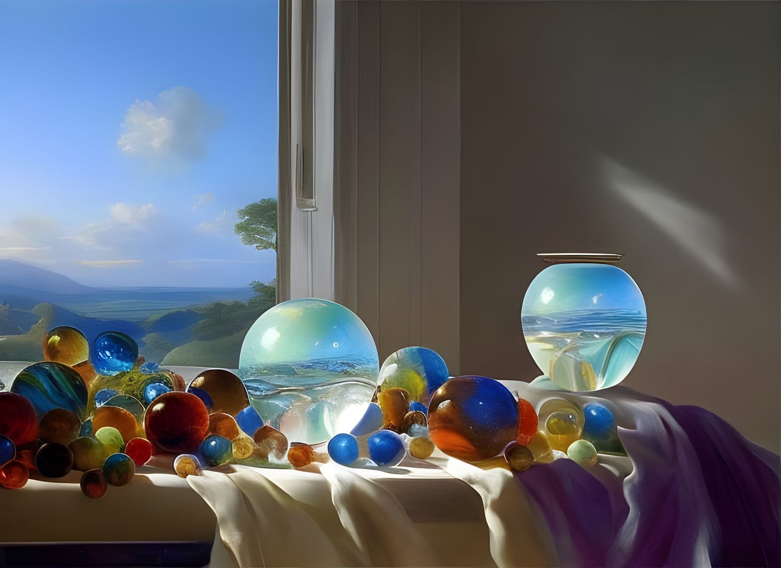 Glass Marbles in Crystal Bowl: Photorealistic Painting