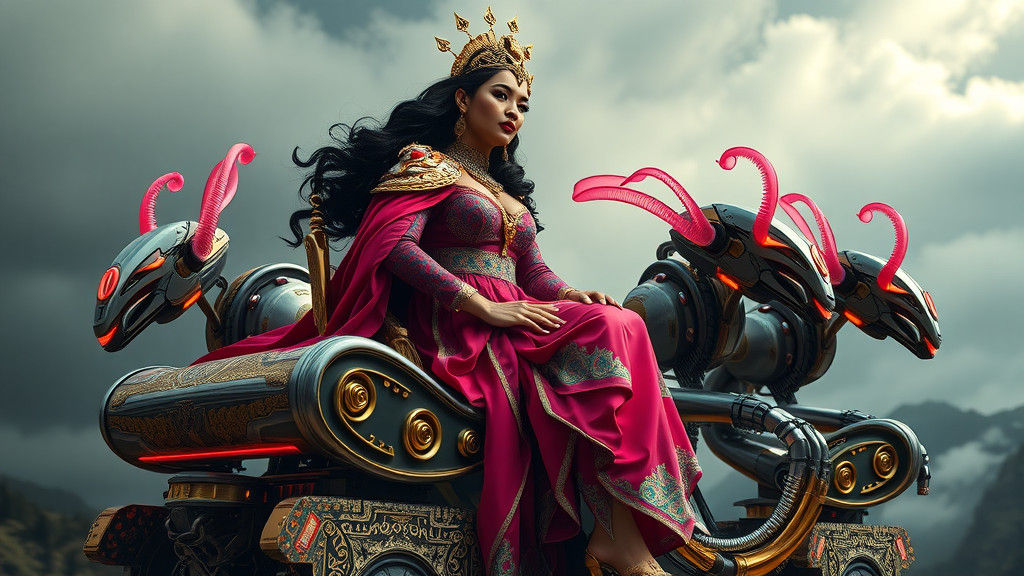 Futuristic Queen on Mech Chariot: Cinematic Sci-Fi Art