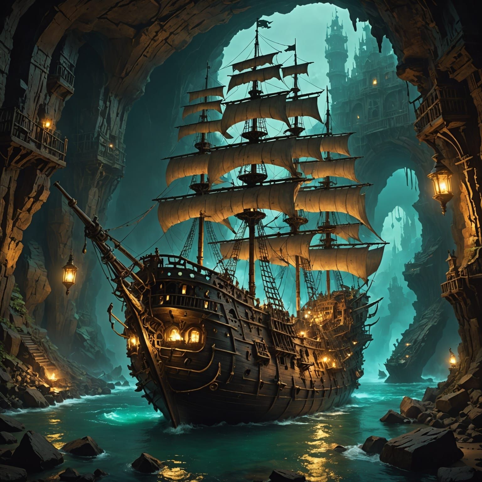 Ghostly Steampunk Pirate Ship in Cavern