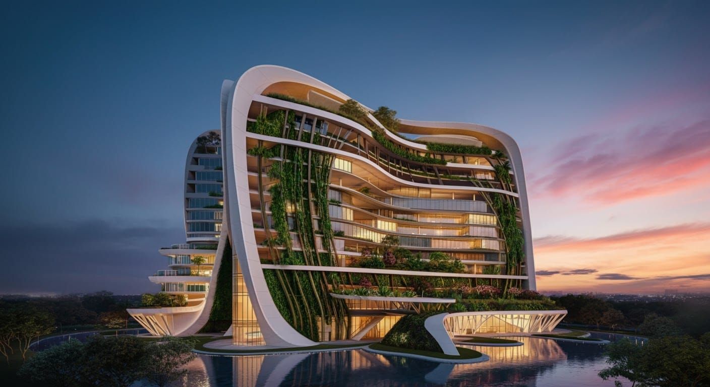 Sustainable Architecture at Sunset: A Modern Masterpiece