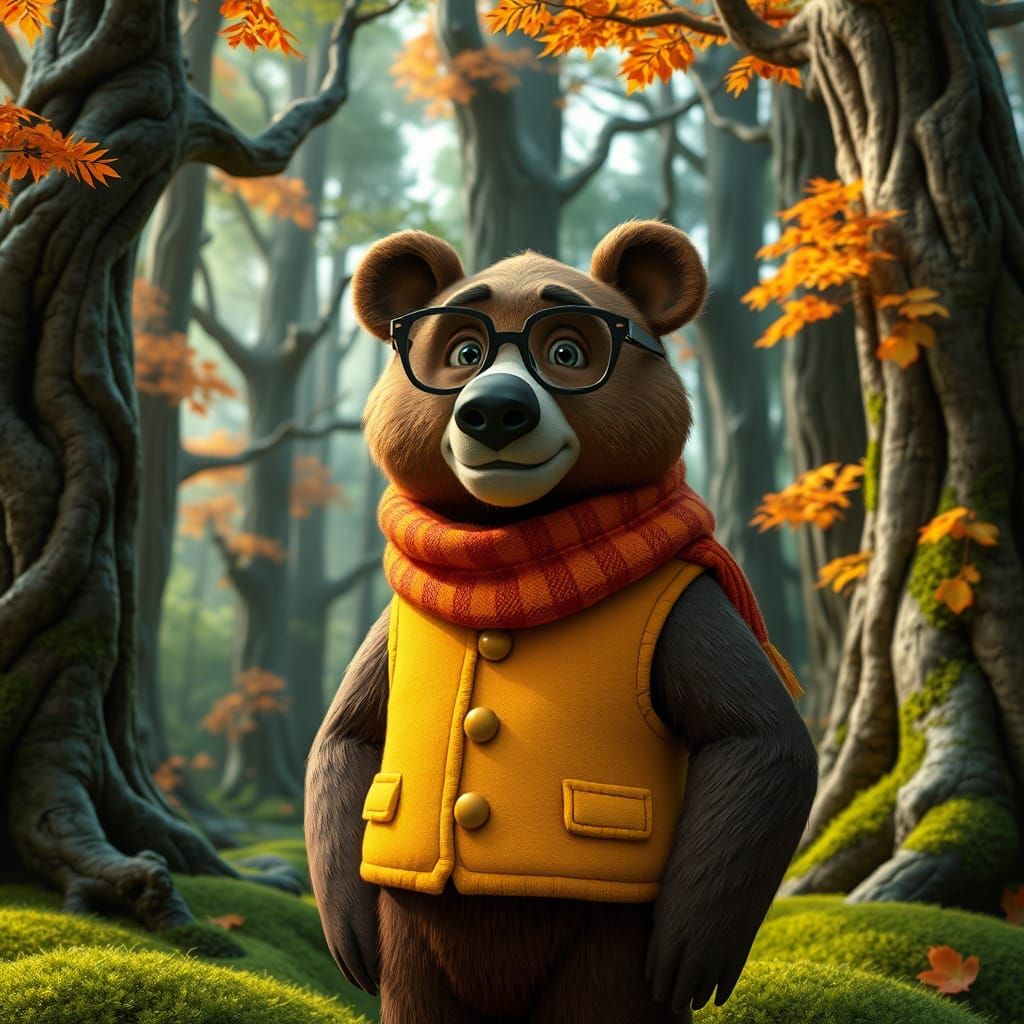 Wise Bear in Forest, 3D Animation Style