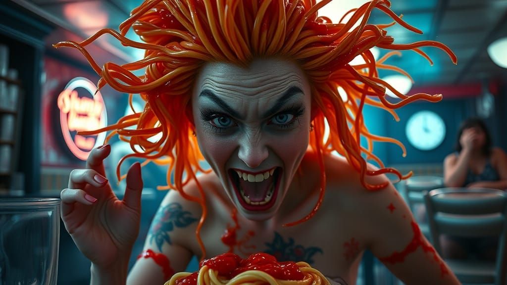 Grotesque Betty Spaghetti Splashes Marinara in Diner
