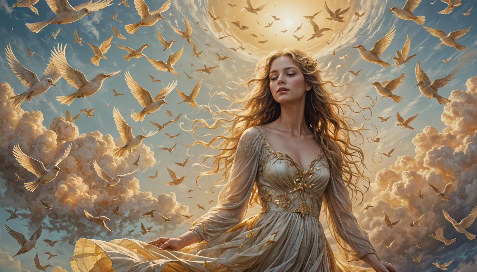 A serene goddess floating in the sky