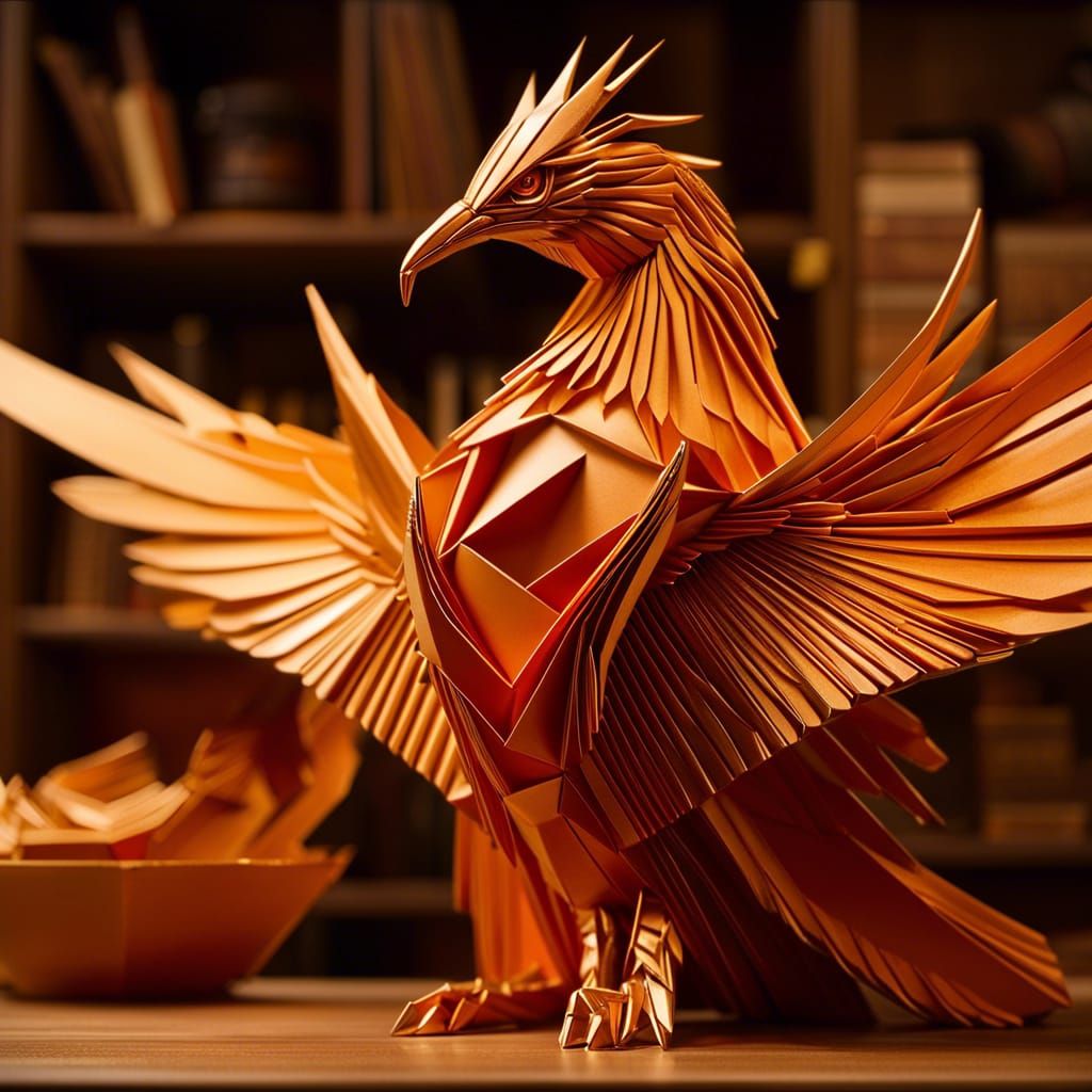 Origami Phoenix Bird on Wooden Table