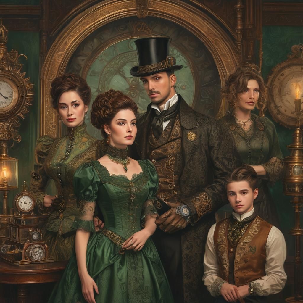 Victorian Steampunk Family Portrait in Oil Painting Style