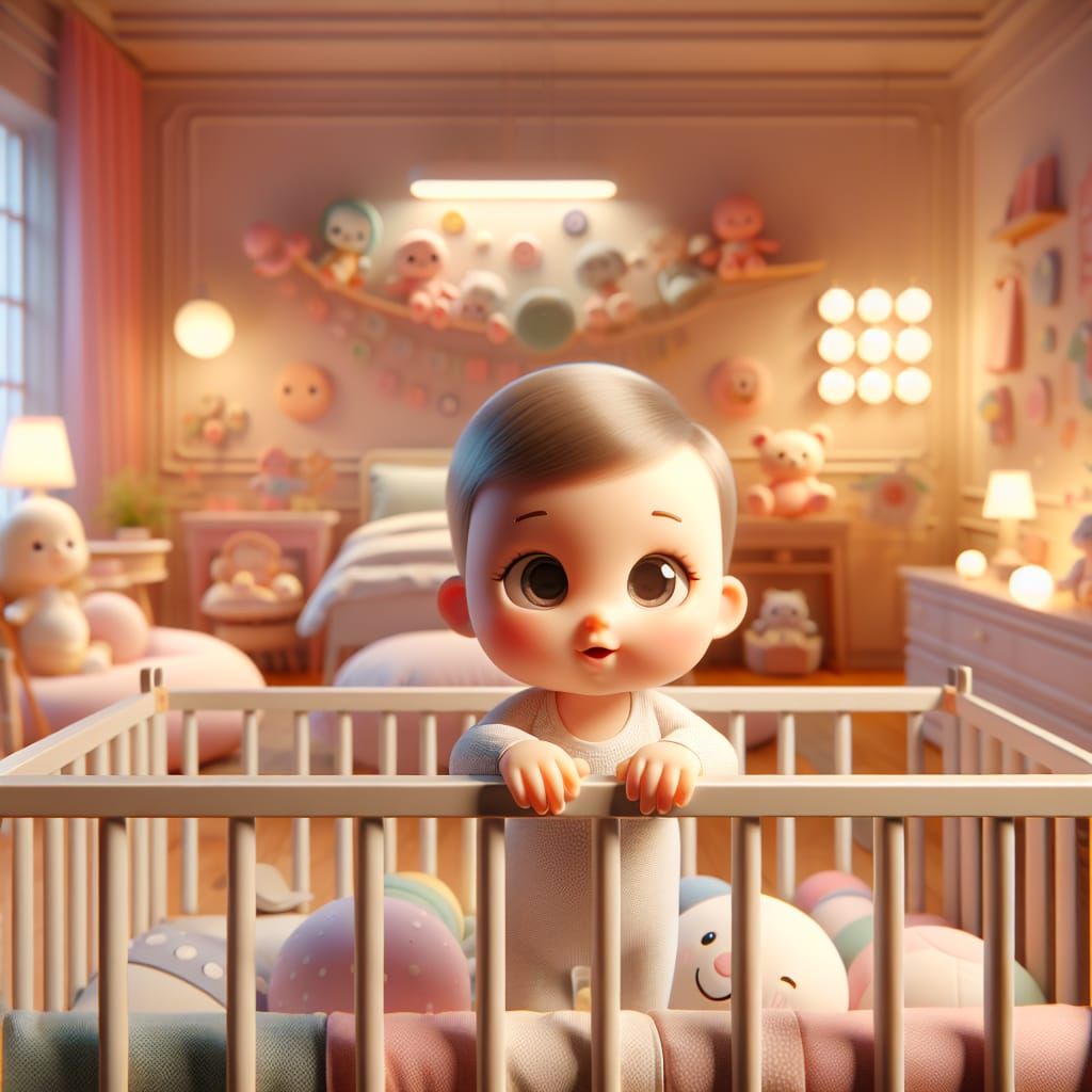 A Disney Pixar style 3D beautiful innocent sweet baby, awake and holding onto the side of her crib, looking at her beaut...