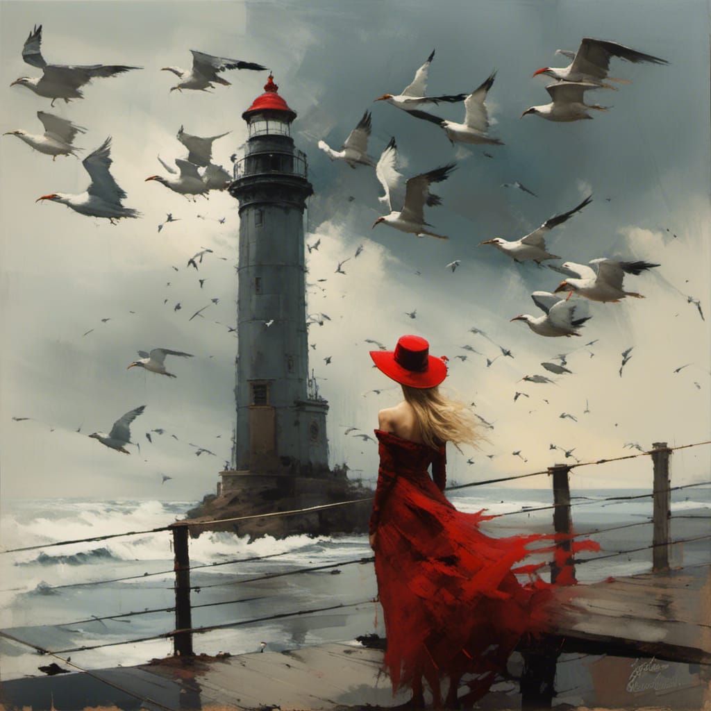 Woman on Lighthouse Platform in Painterly Style