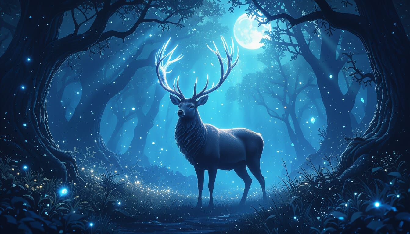 Majestic Crystal Stag in Enchanted Bioluminescent Forest