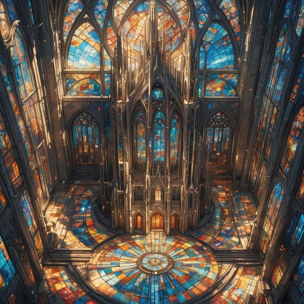 Futuristic Stained Glass Cathedral in Anime 3D Style