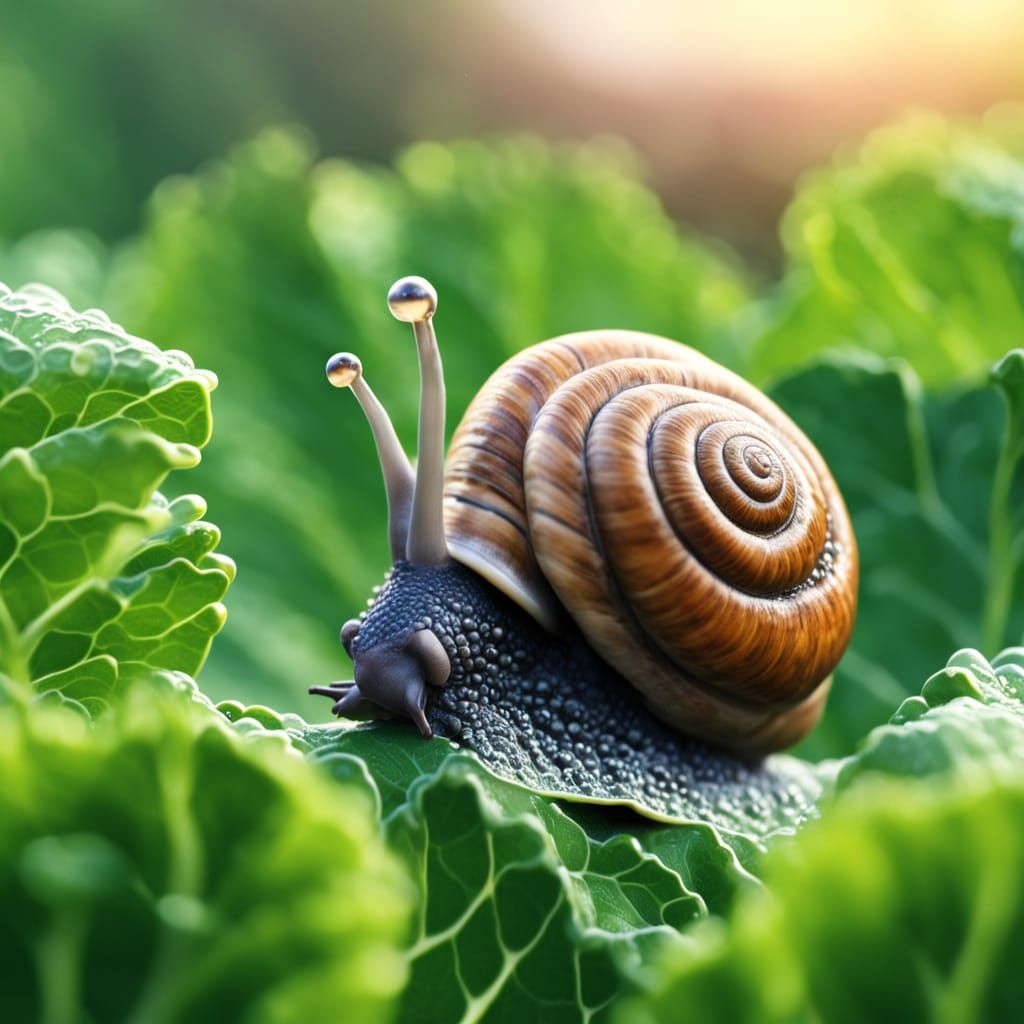 Curious Snail Contemplates Cabbage Leaf at Sunrise
