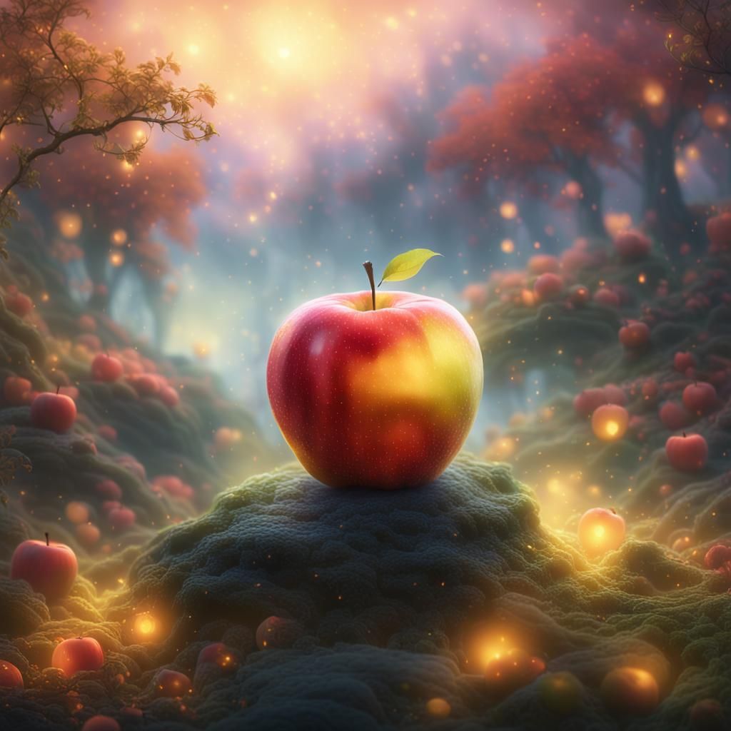 Glowing Apple in Ethereal Abstract Landscape