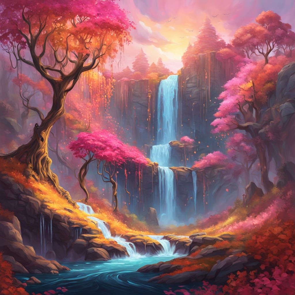 Surreal Pink Autumn Waterfall Oil Painting