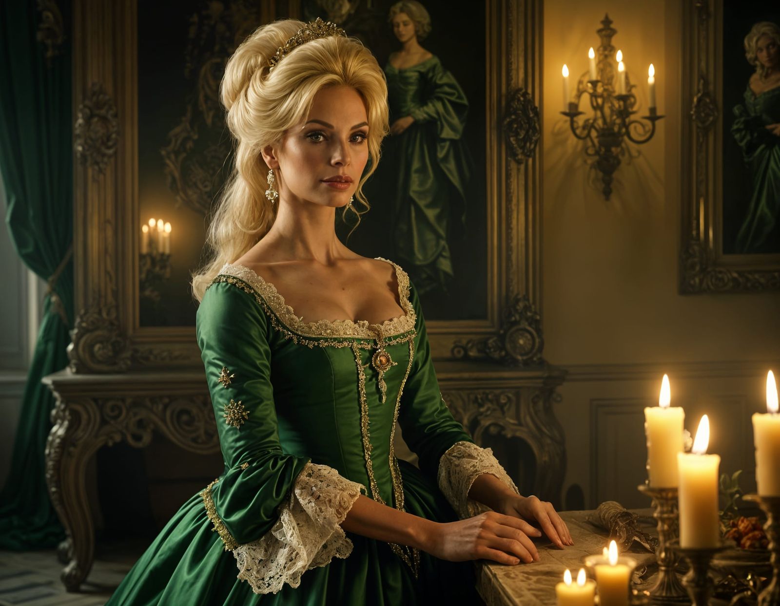 Restoration Era Belle in Green Gown