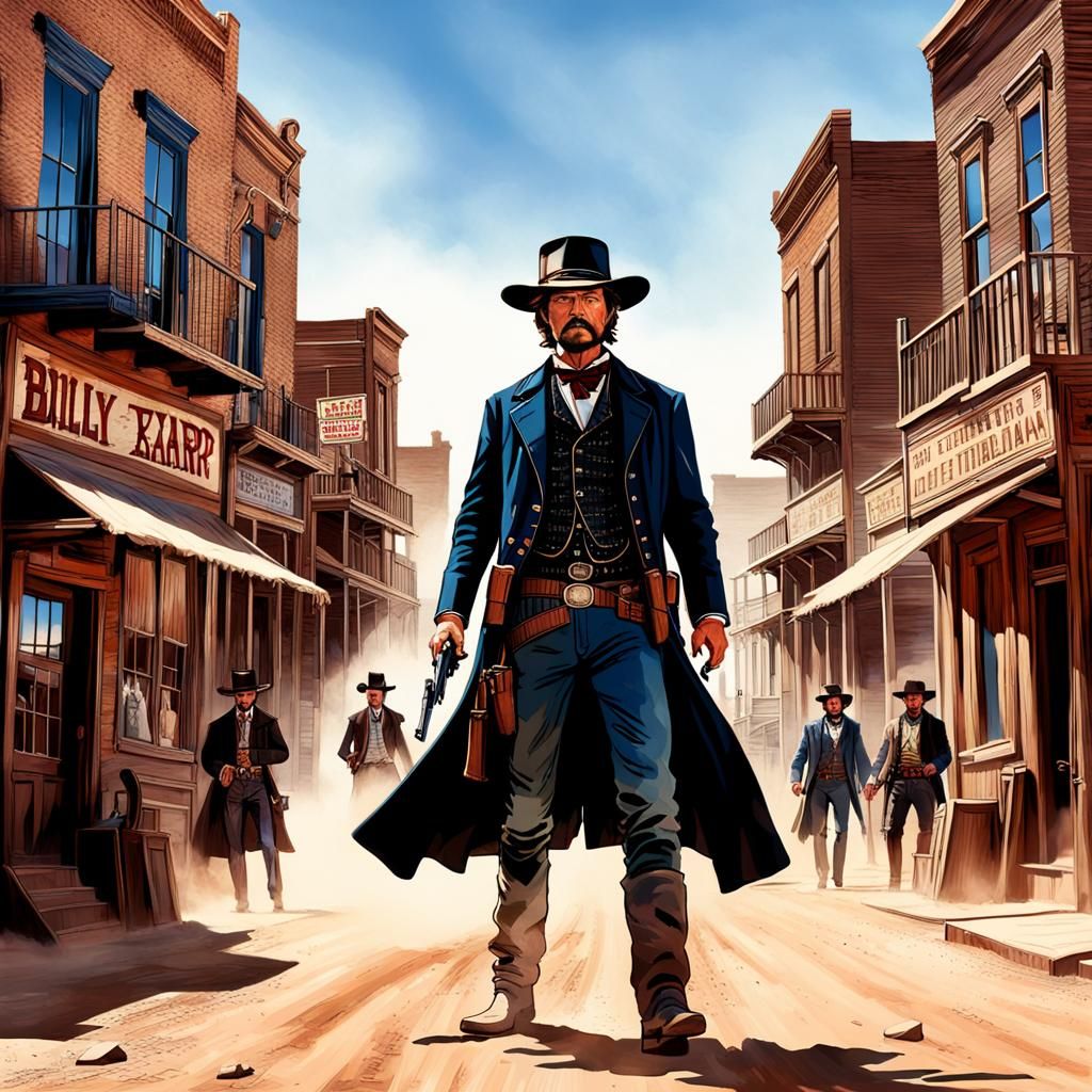 Photorealistic character capturing the raw grit and essence of iconic Wild West figures Billy the Kid with his trademark...