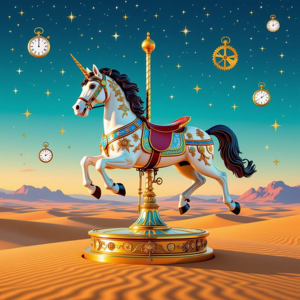 Gilded Carousel Horse Floats Over Surreal Desert at Twilight