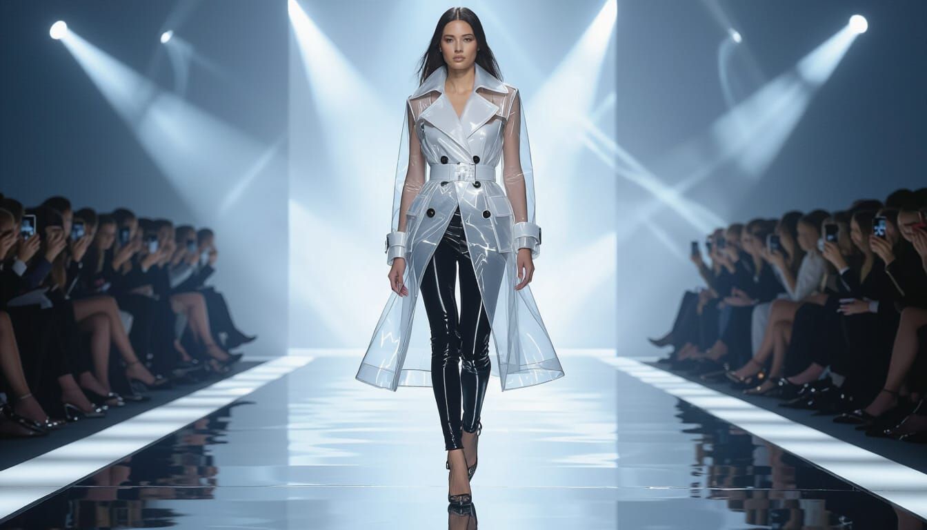 Woman in Organza Trench on Mirrored Runway