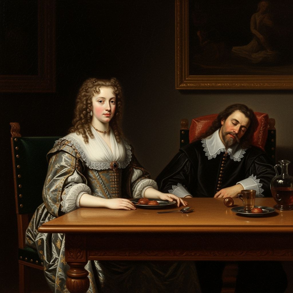 1660s Aristocratic Woman Gazes Out as Husband Sleeps