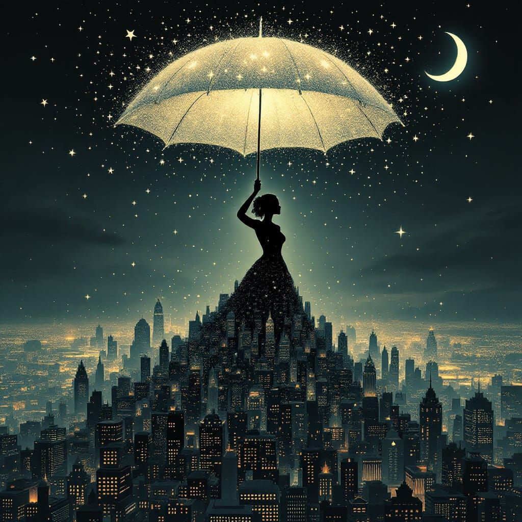 Dark Fantasy City Goddess Under Starry Skies