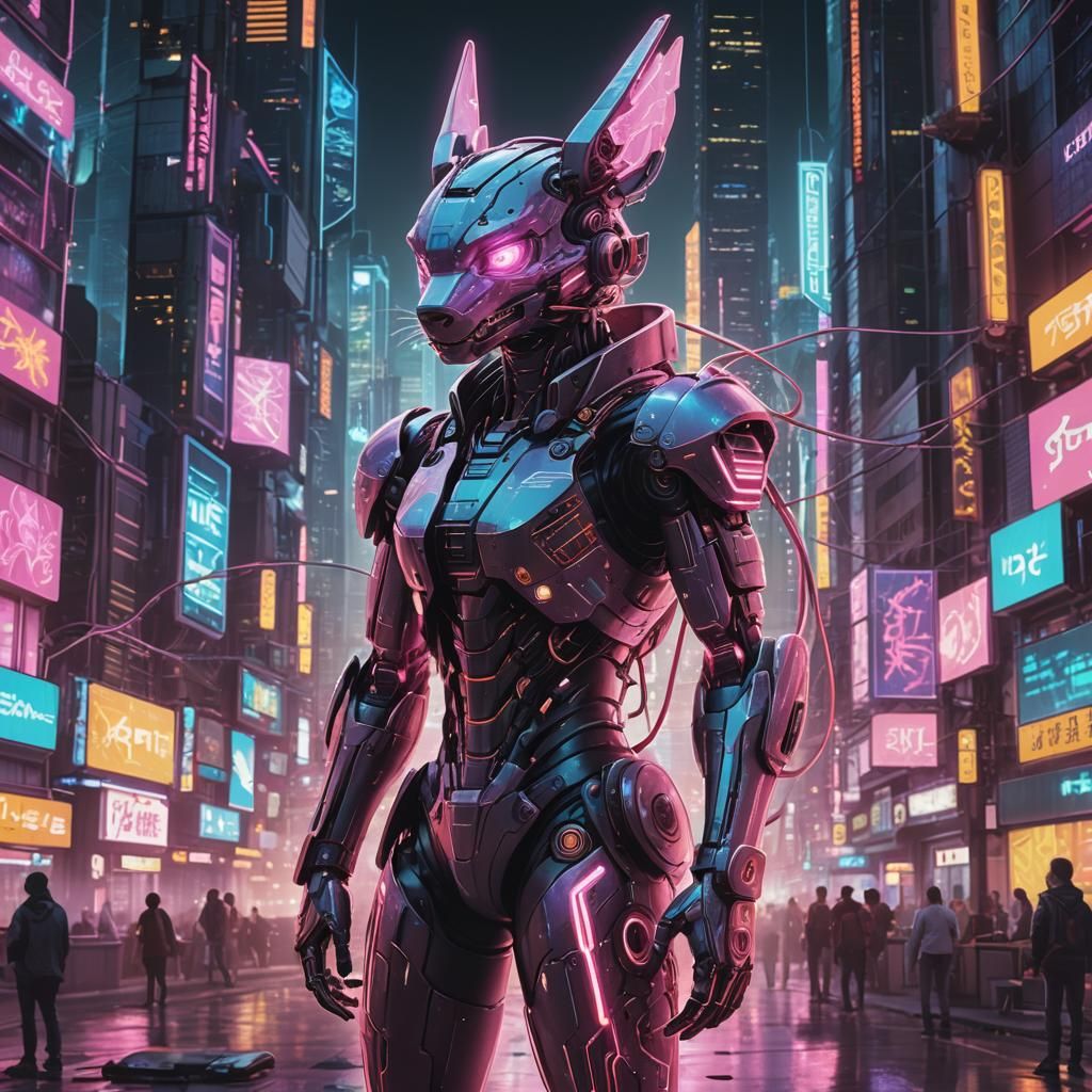 Cyberpunk Digimon Hologram in Futuristic Metropolis
