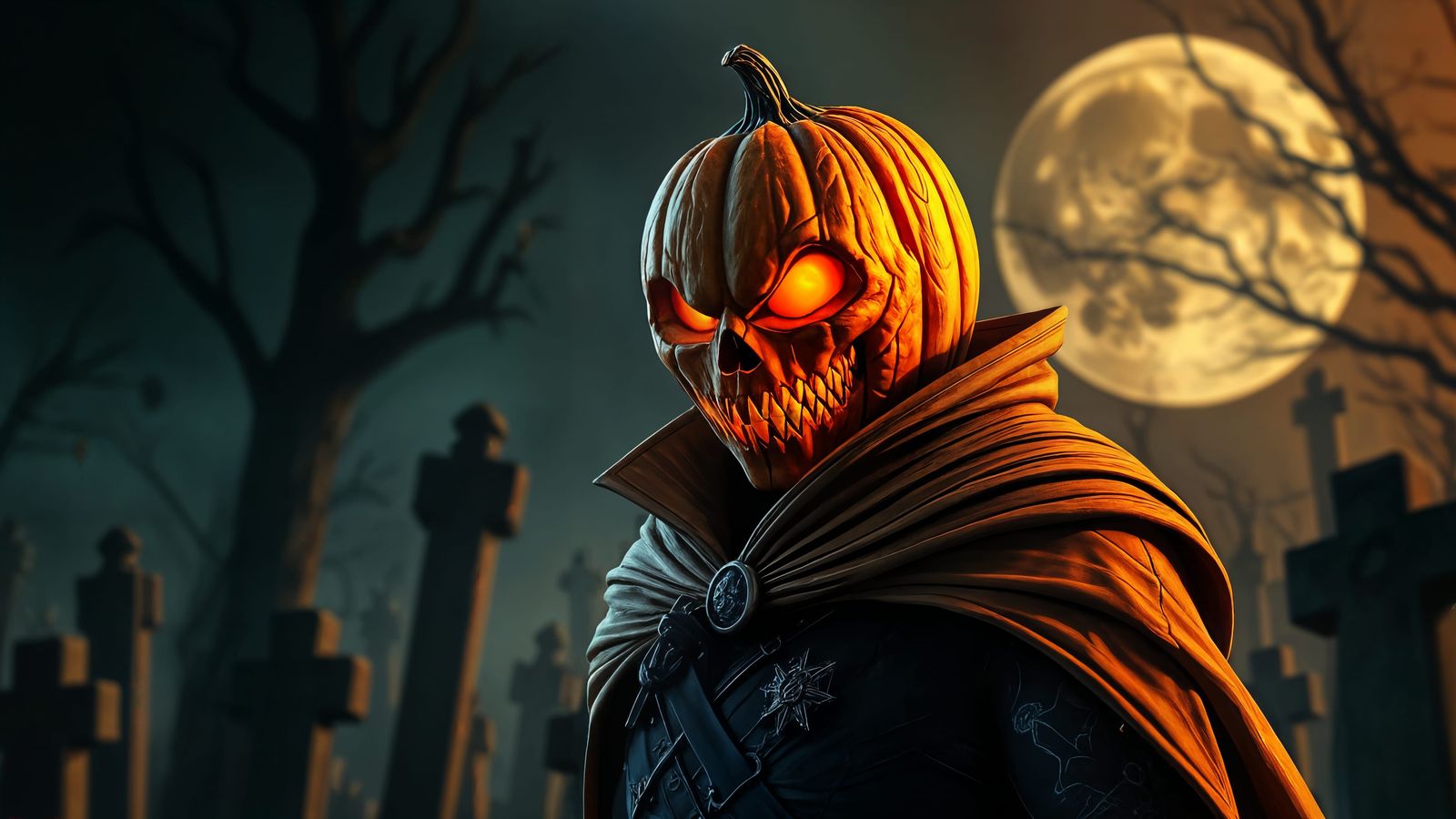 Sinister Pumpkin-Headed Man in Graveyard, Digital Art