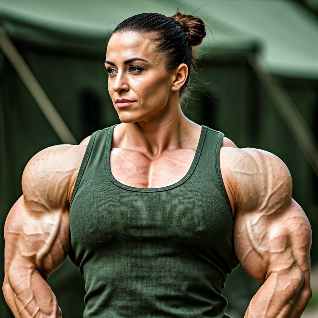 Massive Female Soldier in Military Camp