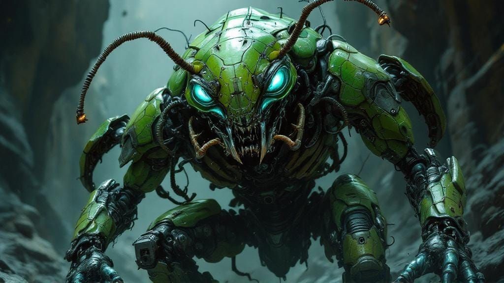 Menacing Cyborg Robot Mantis in Gritty Combat Scene