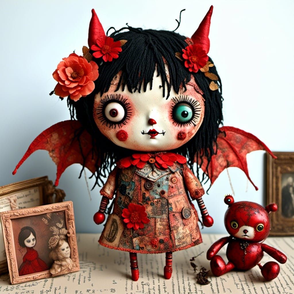 Chibi Devil Doll Collage Art by Terry Runyan and Elise Grave...