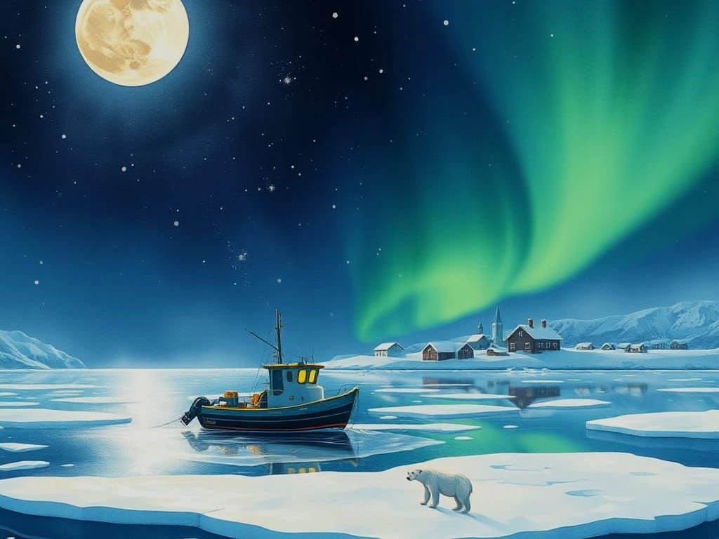 Arctic Research Boat Under Aurora: Watercolor Illustration