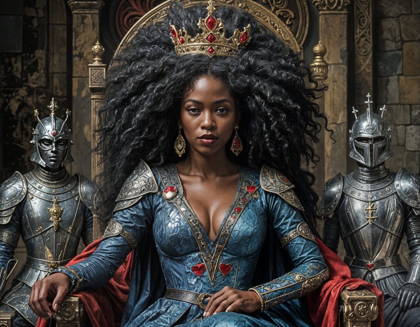 Afro Bombshell Queen on Throne in Dark Castle