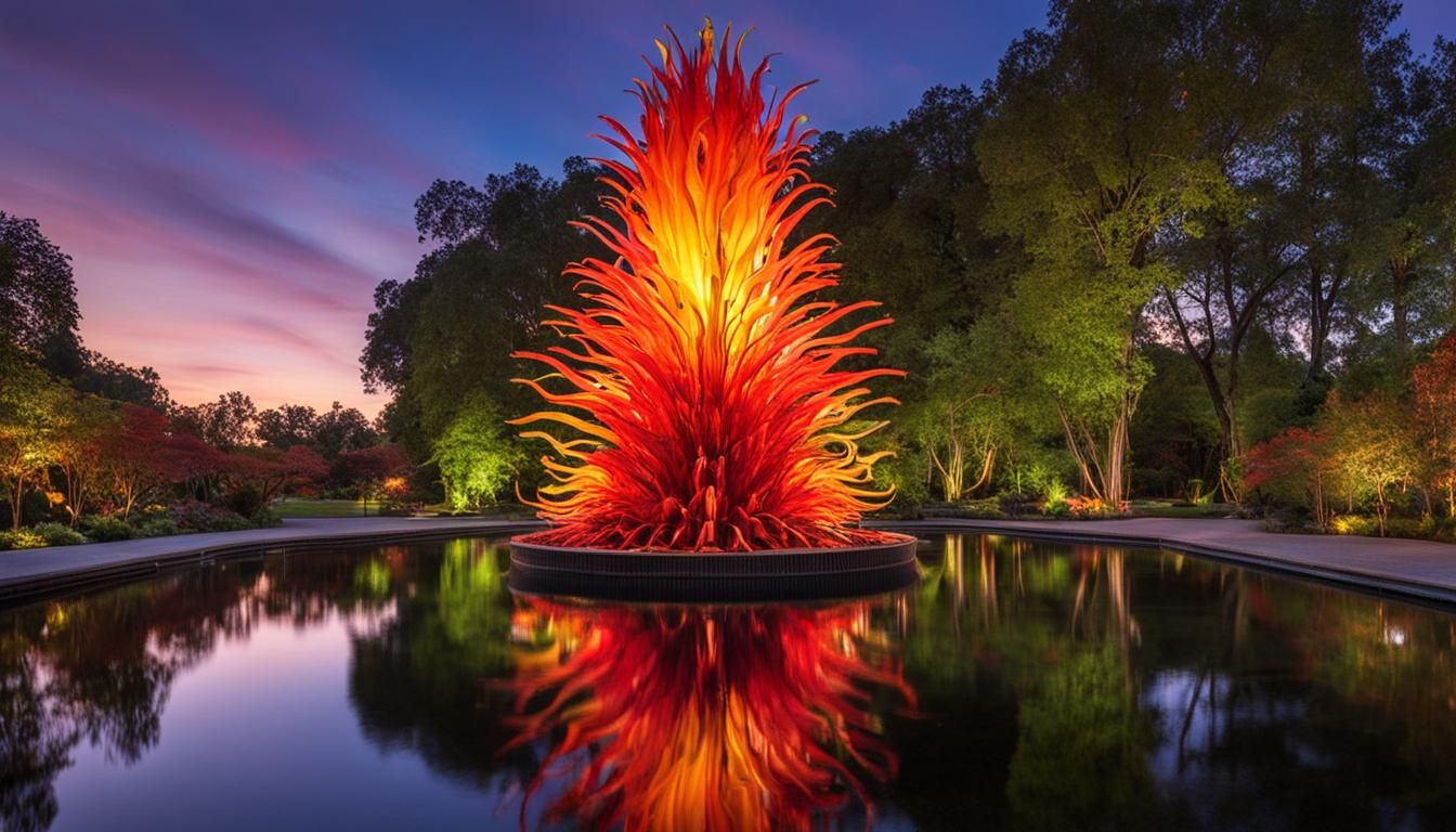 Chihuly-Style Glass Flame Fountain in Futuristic Park