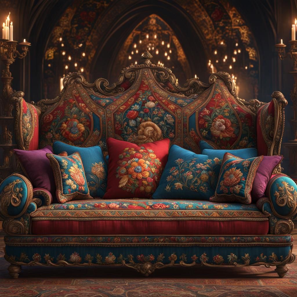 Intricate Medieval Embroidered Sofa in Detailed Digital Art