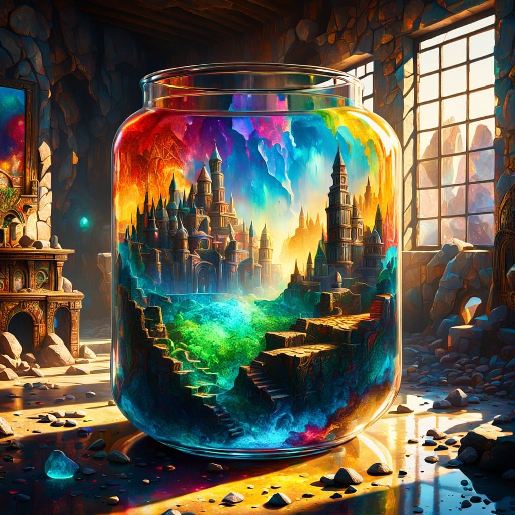 Crumbling Civilization in Glass, as Surrealist Oil Painting