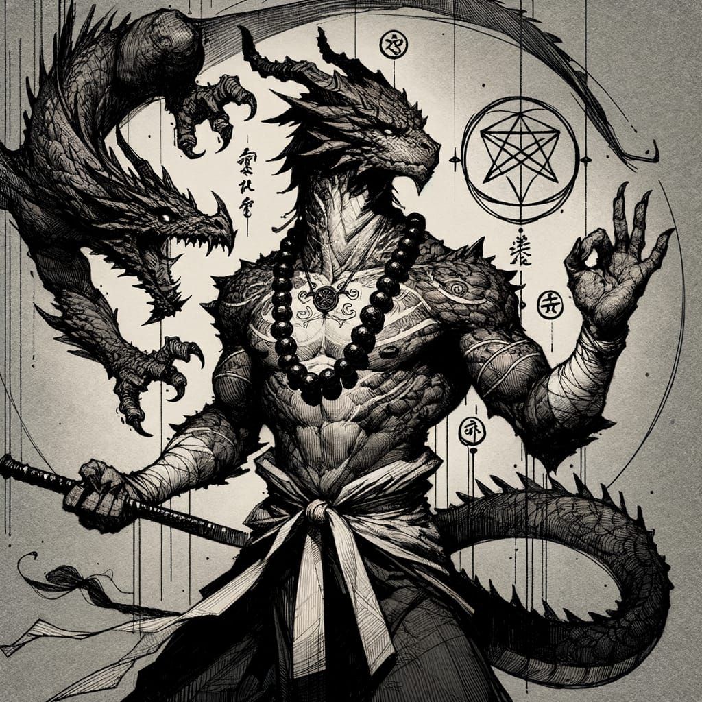 Dragonborn Monk Sketch in Dark, Bold Lines and Loose Sketche...