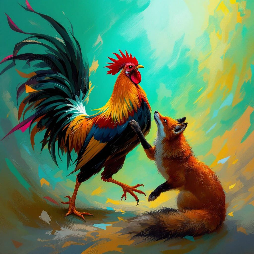 Fox and Rooster in Vibrant Sci-Fi Impressionism