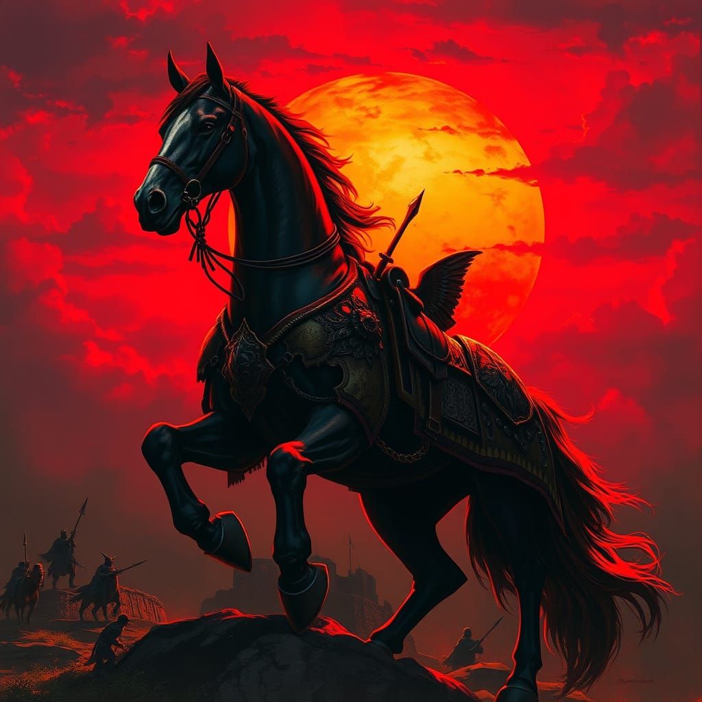 Majestic Warhorse Silhouetted Against Blood-Red Sunset