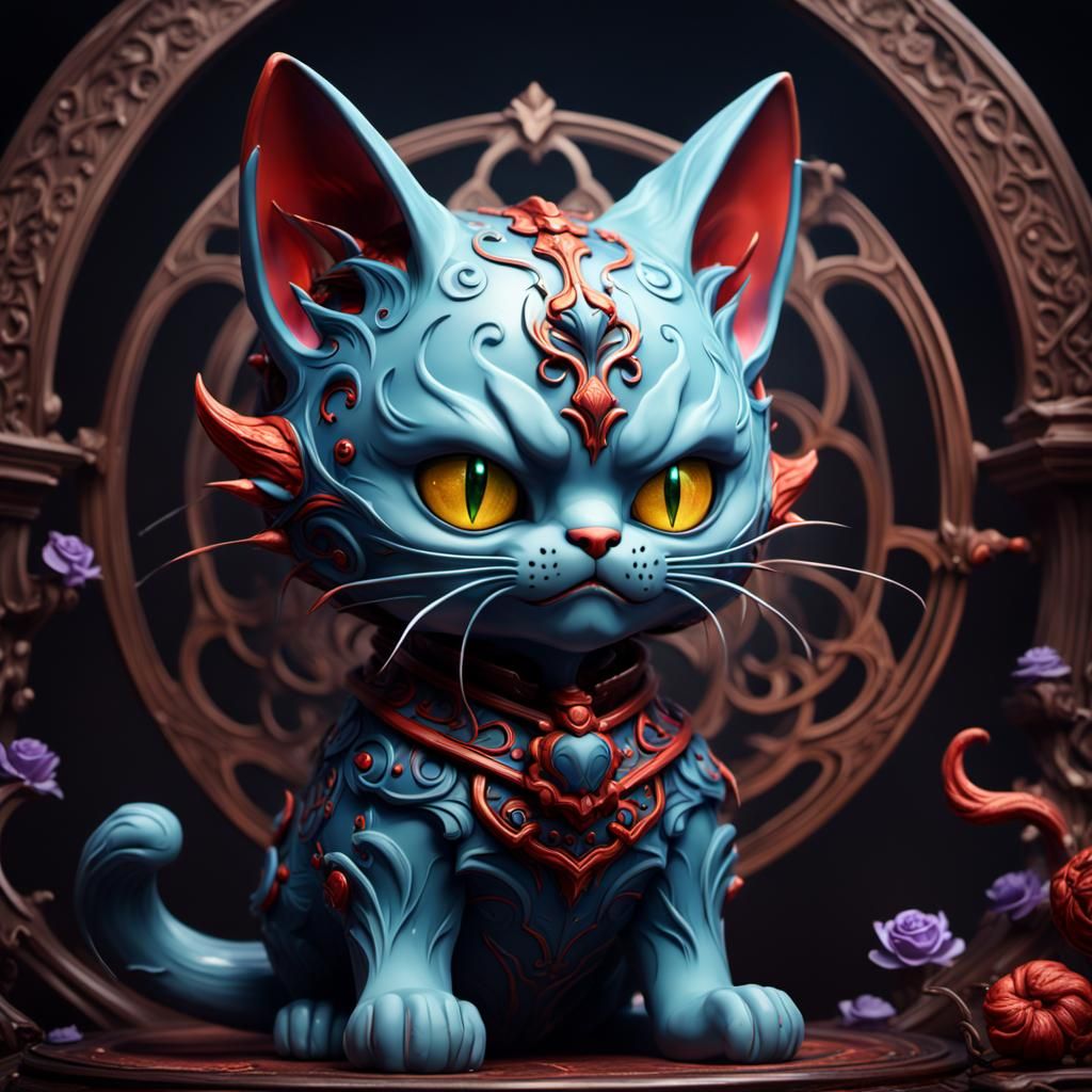 Demonic Porcelain Cat Cartoon Character in Detailed Style