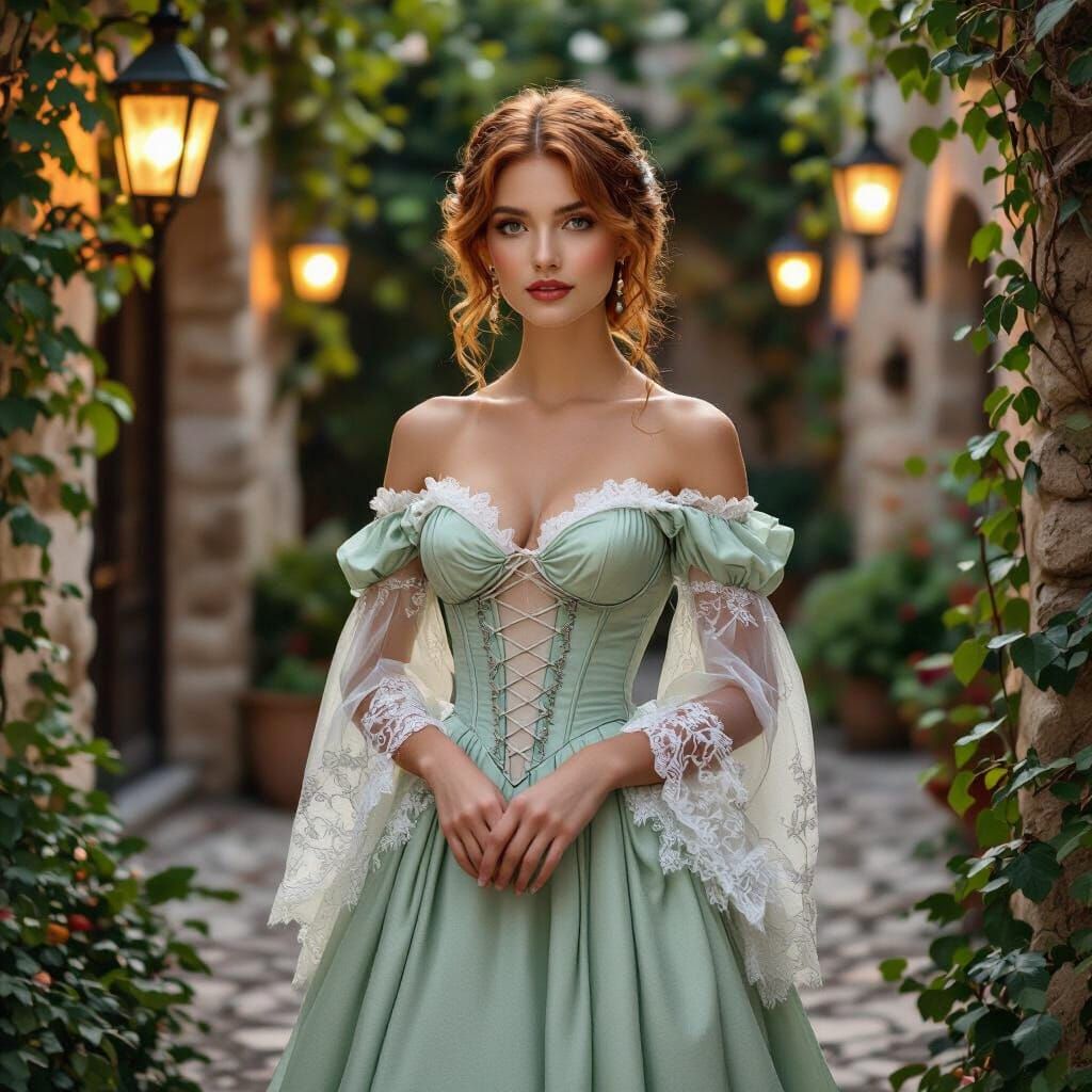 Woman in Mint Gown in Lantern-Lit Courtyard
