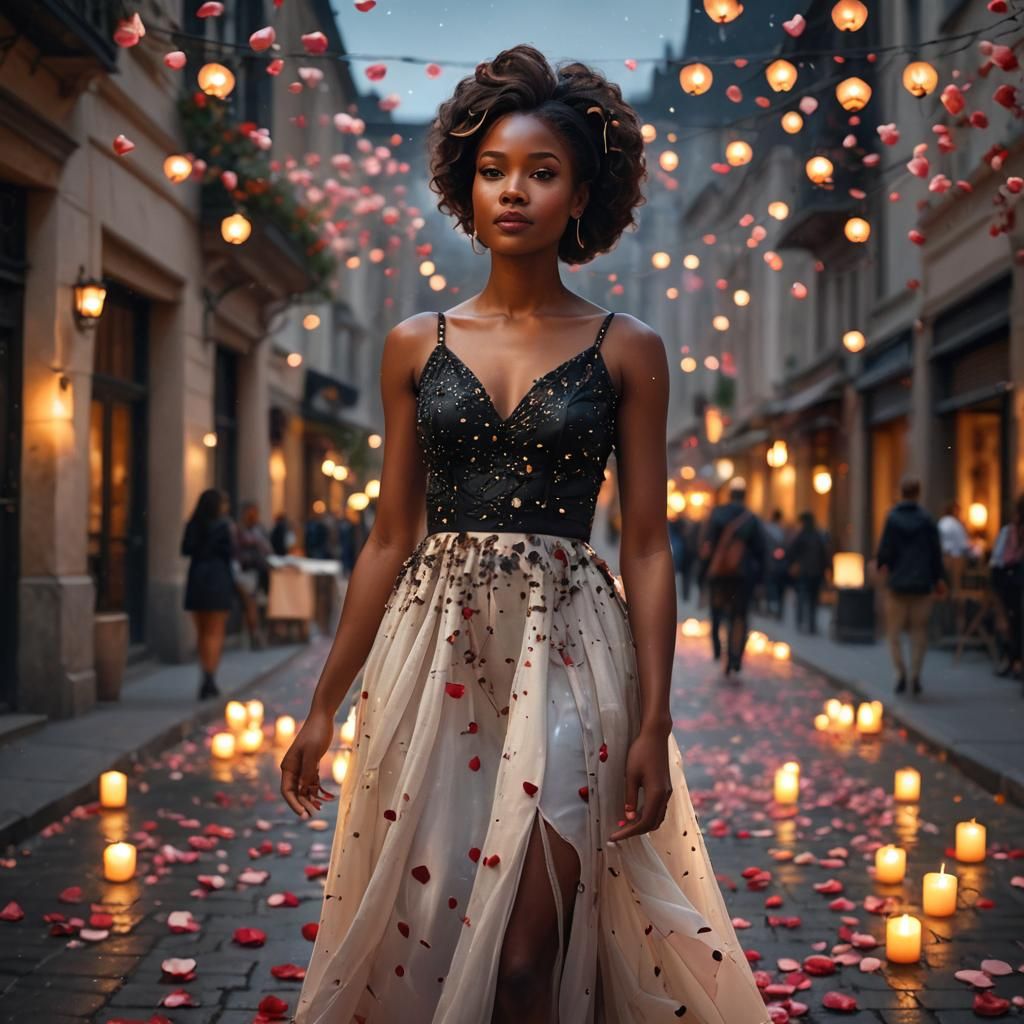 Elegant Woman in Cityscape with Rose Petals