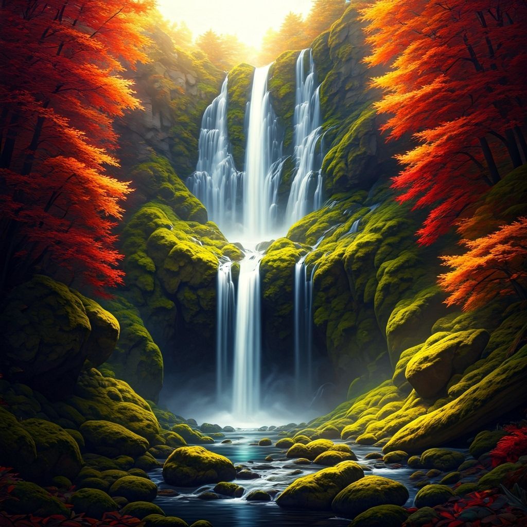 Majestic Autumn Waterfall in Golden Hour Light