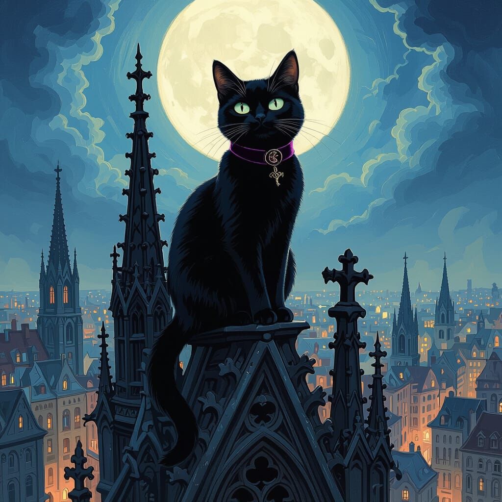 Black Cat on Gothic Cathedral Spire in Painterly Style