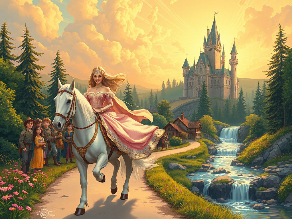 A Vintage Princess Rides Through a Medieval Countryside