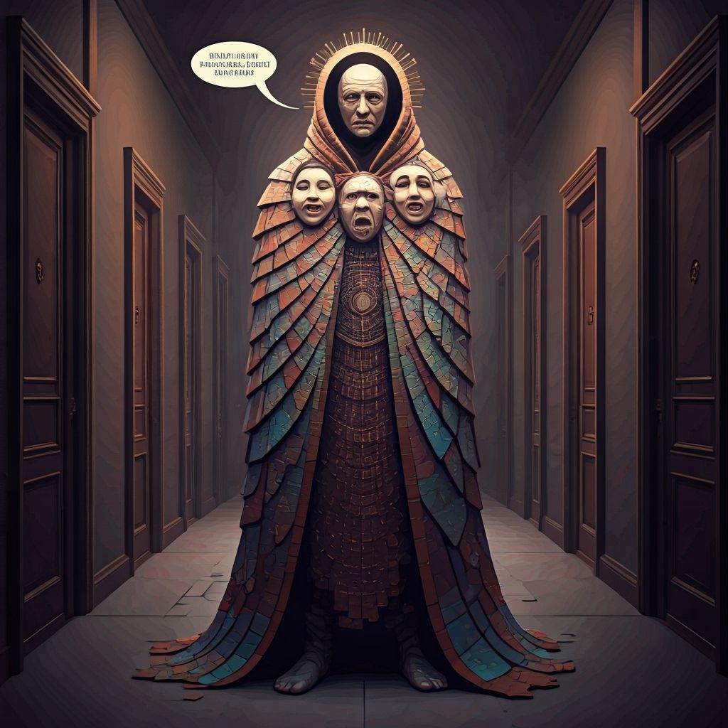 Mystical Guardian with Shifting Masks in Low-Poly Style
