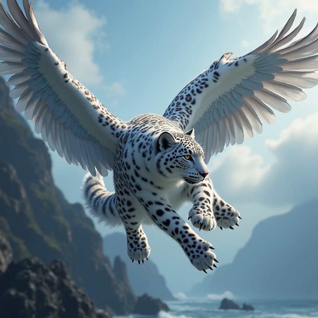 Fantastical Griffin in Flight Over Stormy Coast