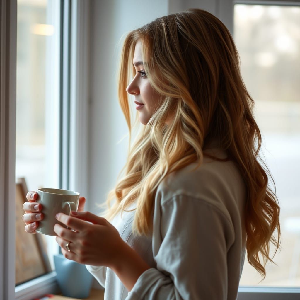 Young Woman with Coffee Gazing out Window