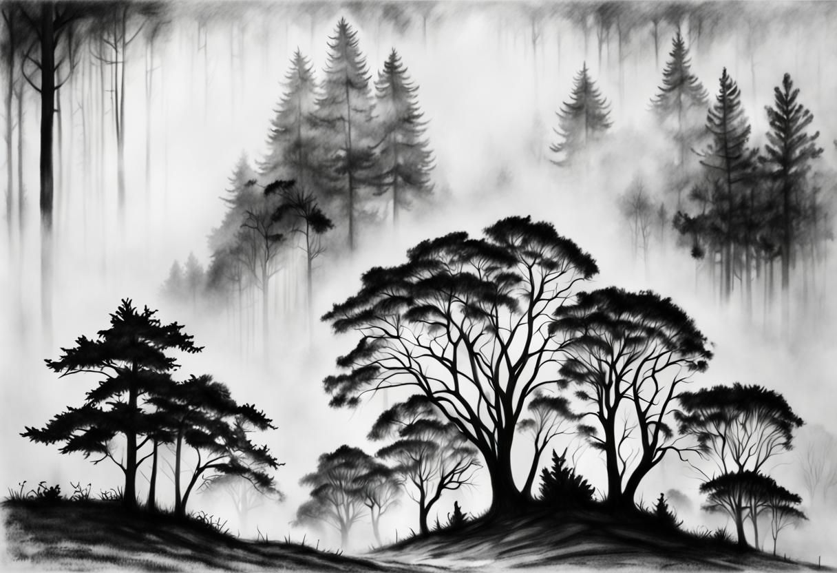 Hyperdetailed Charcoal Drawing of Fog Under Trees