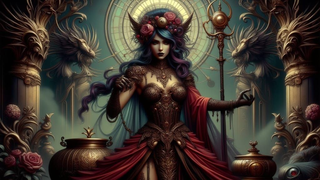 Scarlet Sorceress Casting Spells in Art Nouveau Style