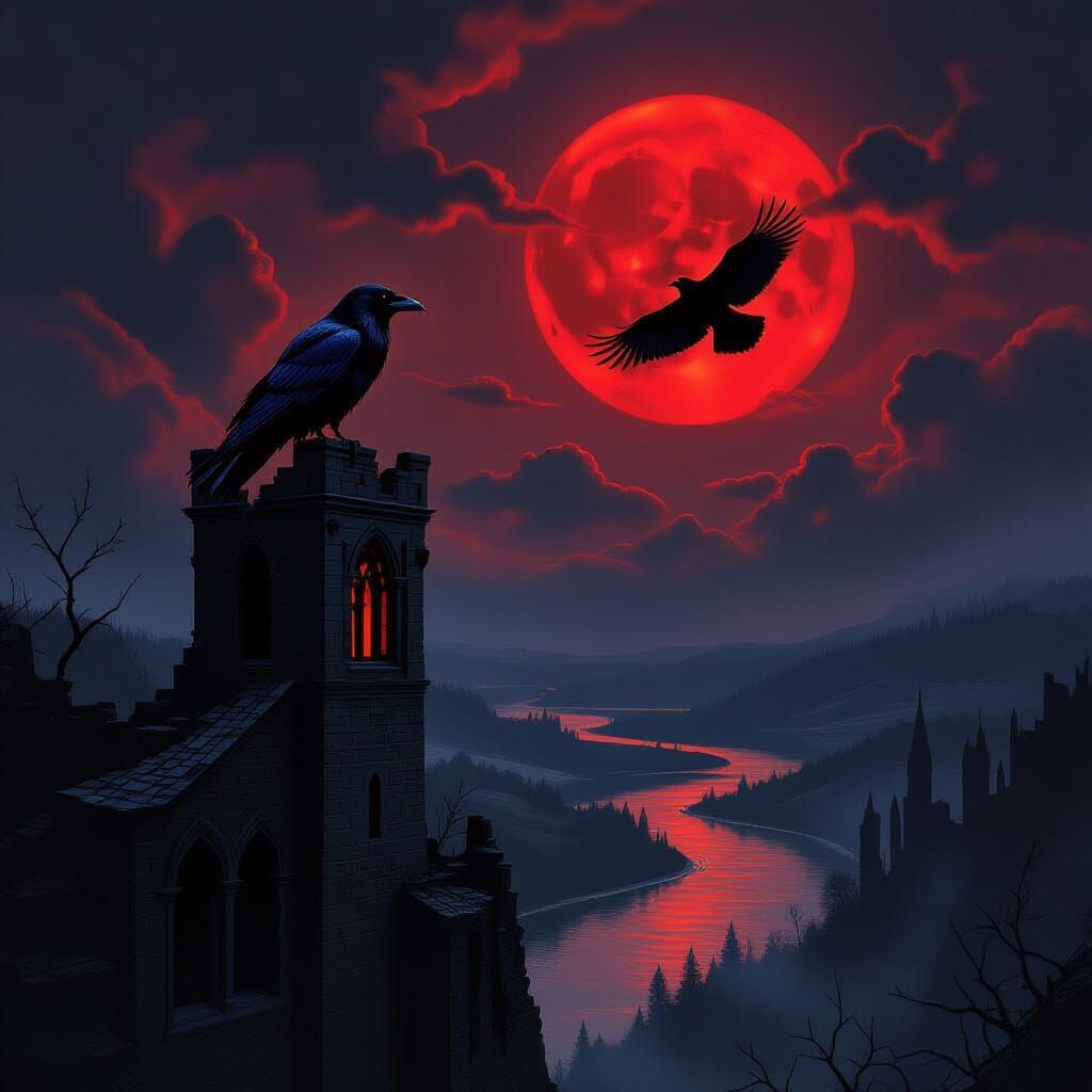 Spectral Raven on Gothic Tower in Dark Fantasy Style