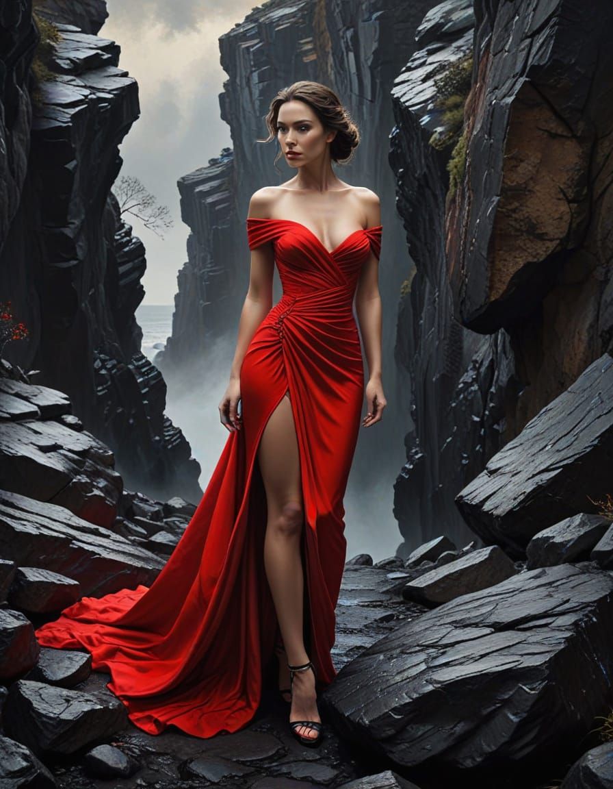 Elegant Woman on Cliff's Edge in Impasto Art