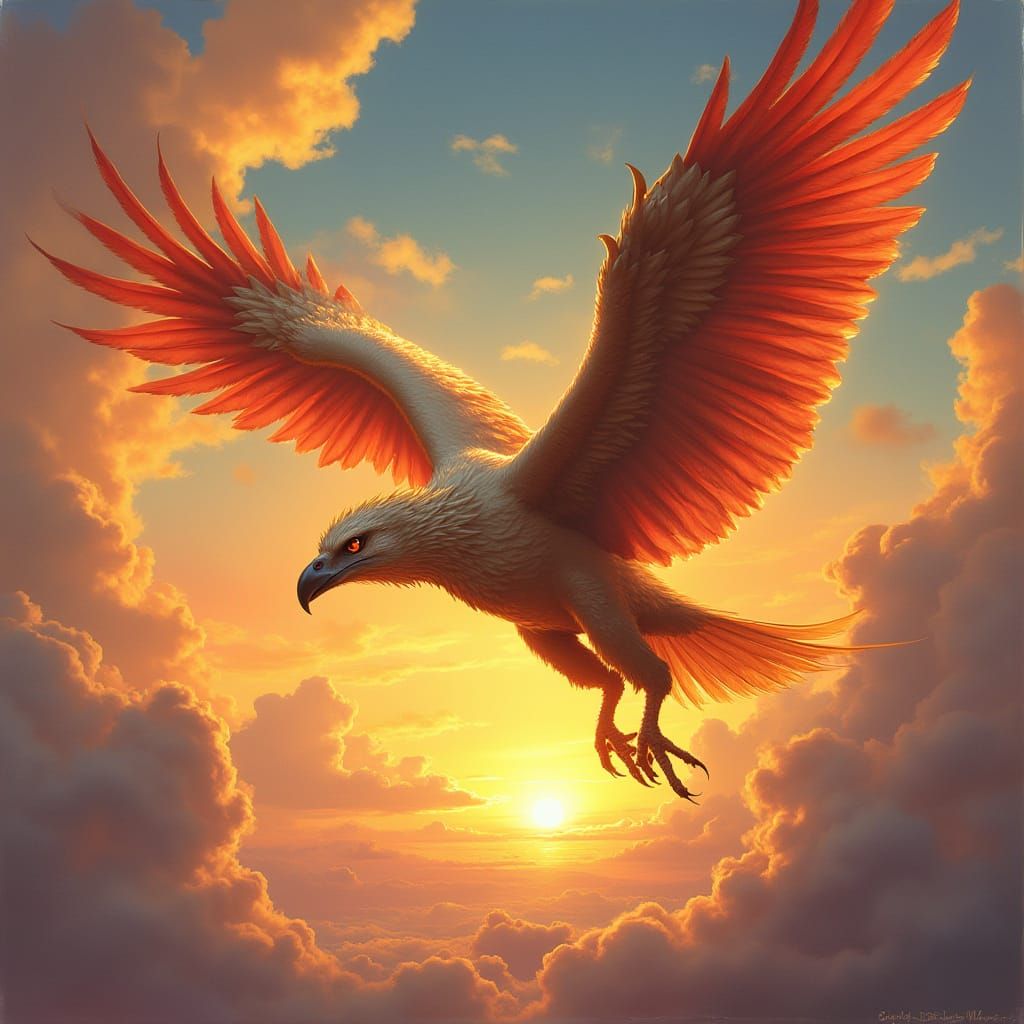 Griffin Soaring Through Sunset Sky in Fantasy Art Style