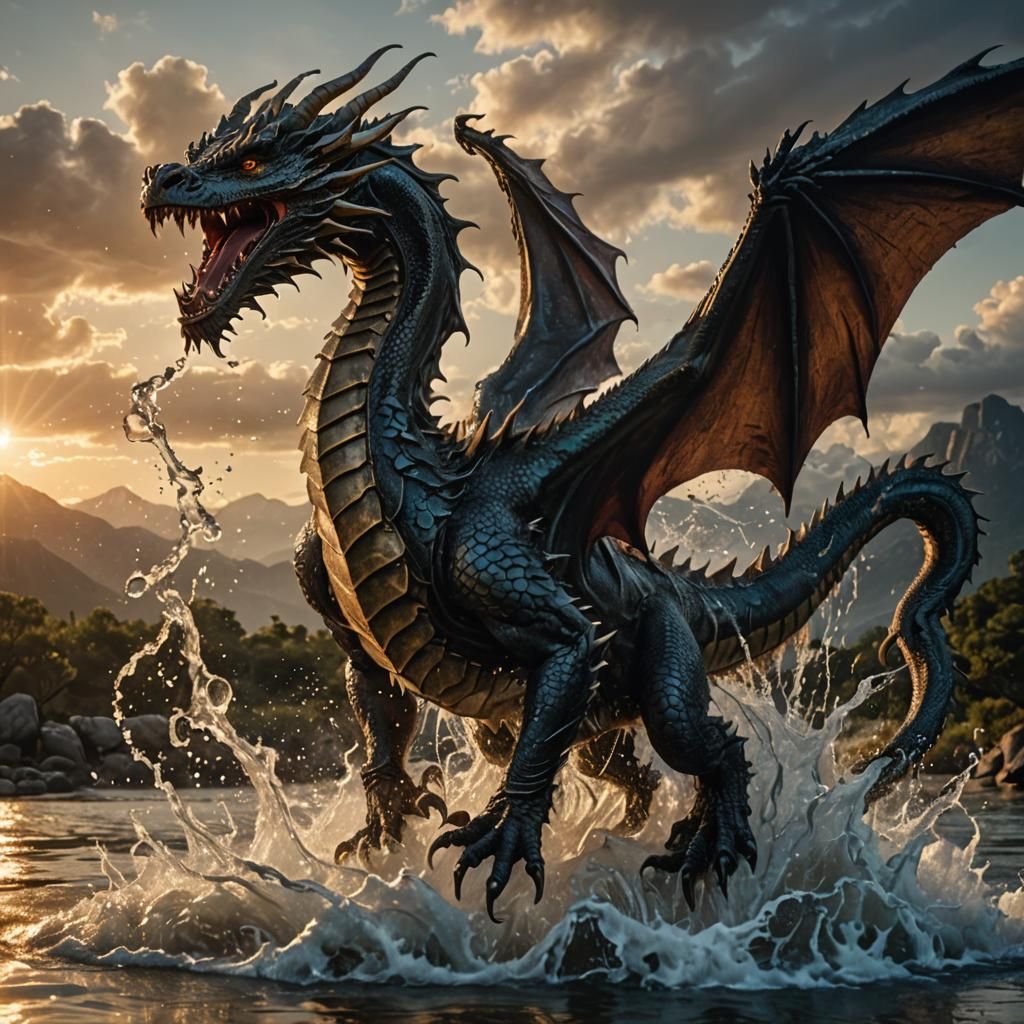 Water Dragon Sculpture in Flight at Dawn